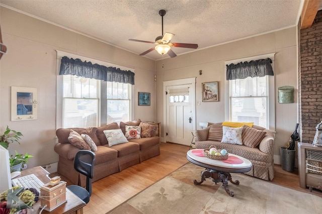 living room featuring a wealth of natural light, a textured ceiling, and light wood-style floors