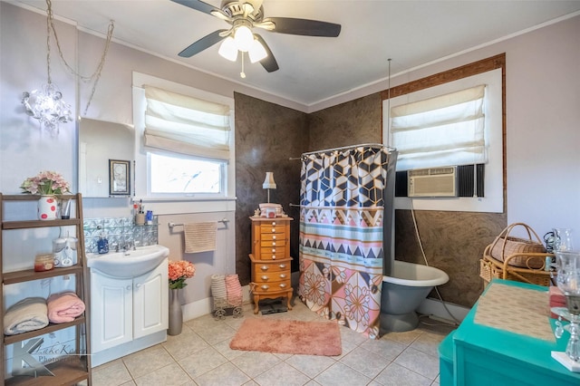 full bathroom featuring vanity, a shower with curtain, cooling unit, ceiling fan, and ornamental molding