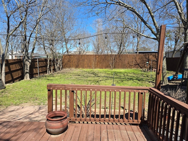 deck featuring a yard and a fenced backyard