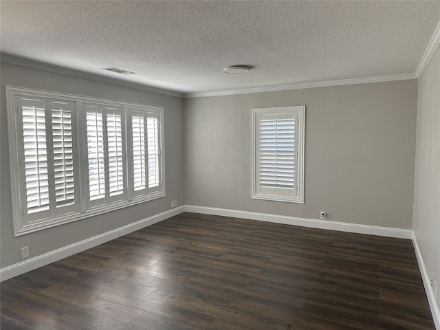 empty room with visible vents, baseboards, and dark wood-type flooring