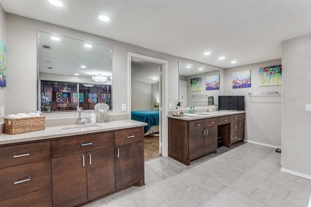 full bathroom with vanity, recessed lighting, and visible vents