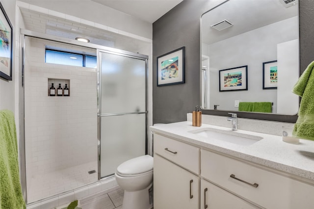 full bath featuring visible vents, a shower stall, toilet, tile patterned floors, and vanity