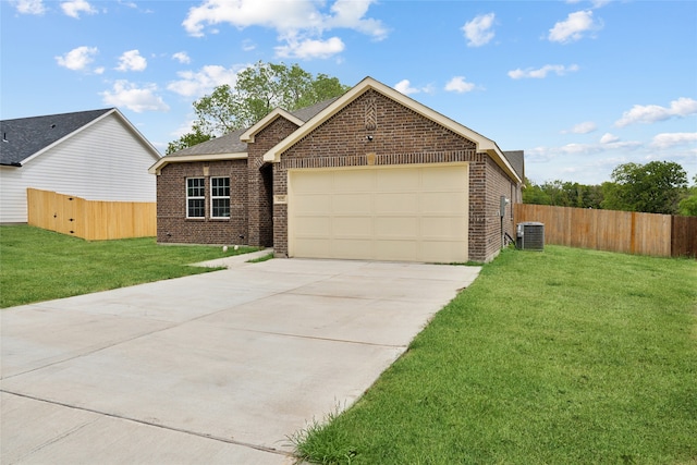 single story home with a front yard, fence, driveway, a garage, and brick siding