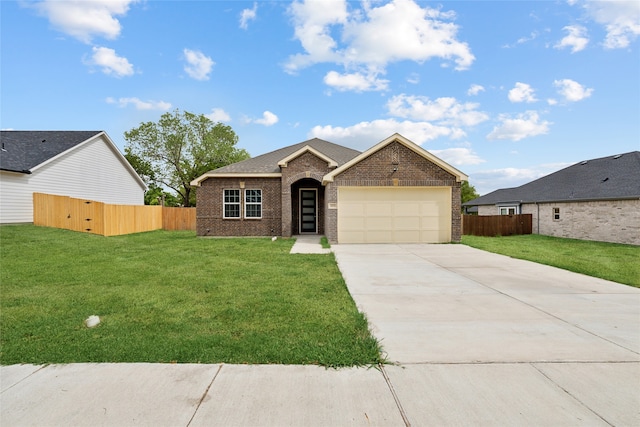 single story home featuring brick siding, driveway, a front lawn, and a garage