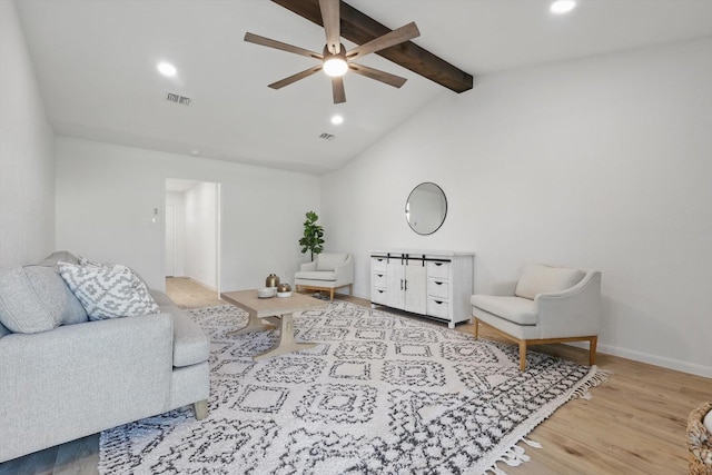 living room with visible vents, vaulted ceiling with beams, recessed lighting, wood finished floors, and a ceiling fan