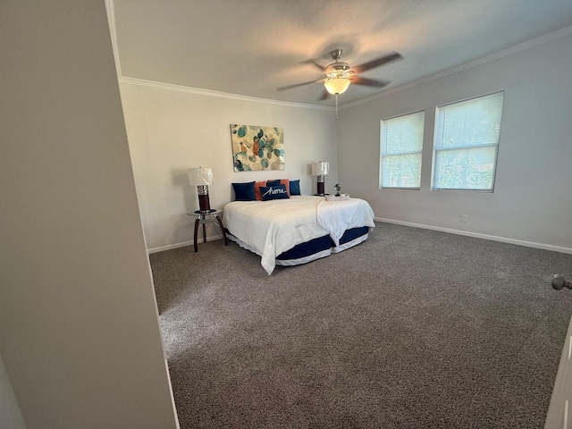 carpeted bedroom with a ceiling fan, baseboards, and ornamental molding