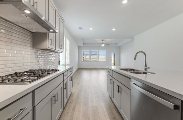 kitchen featuring light wood-type flooring, a sink, ventilation hood, appliances with stainless steel finishes, and decorative backsplash