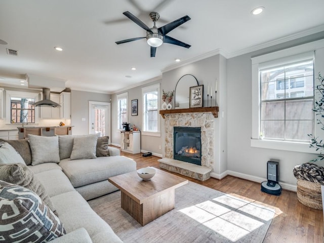 living area featuring light wood-type flooring, visible vents, plenty of natural light, and a stone fireplace