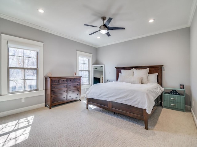 bedroom featuring baseboards, light colored carpet, and ornamental molding