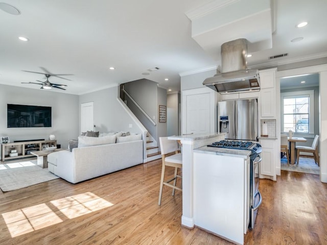 kitchen featuring white cabinetry, stainless steel appliances, crown molding, and island range hood