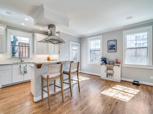 kitchen with a sink, a kitchen breakfast bar, tasteful backsplash, island range hood, and light countertops