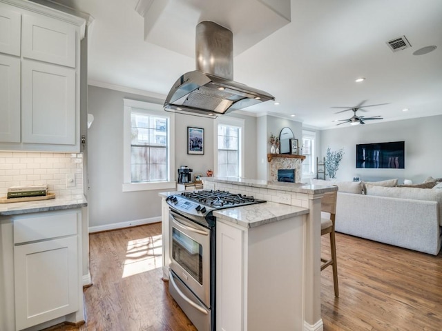 kitchen with backsplash, a kitchen island, island range hood, crown molding, and stainless steel gas range