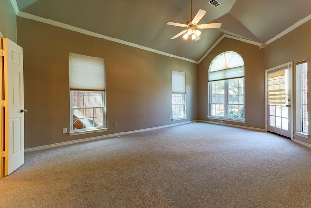 carpeted empty room featuring visible vents, baseboards, ceiling fan, and crown molding