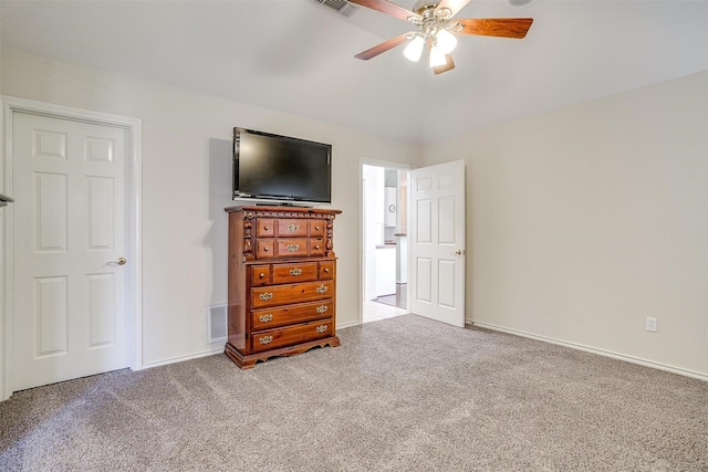 bedroom with visible vents, ceiling fan, and carpet flooring