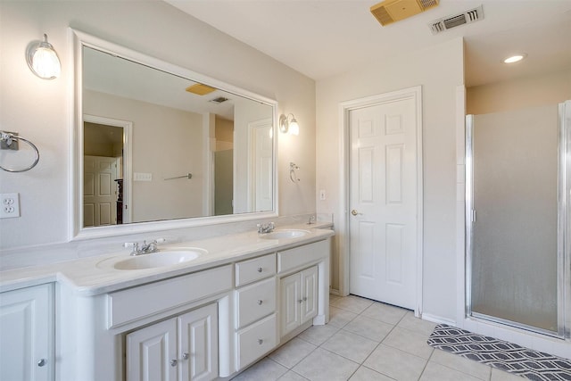 full bathroom with tile patterned flooring, a stall shower, visible vents, and a sink