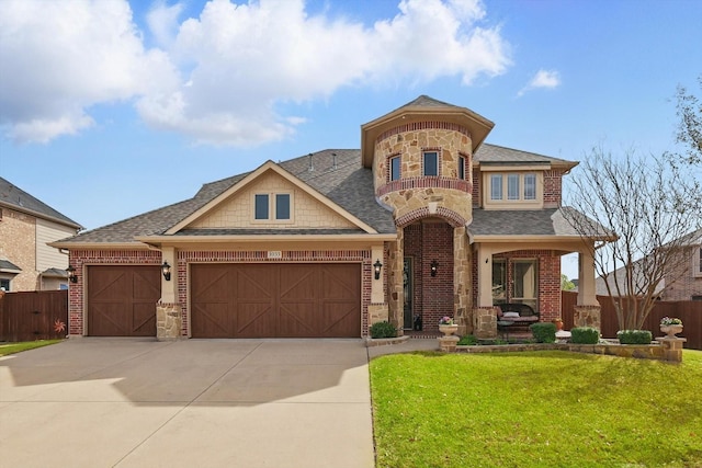 view of front of property with concrete driveway, an attached garage, brick siding, and a shingled roof