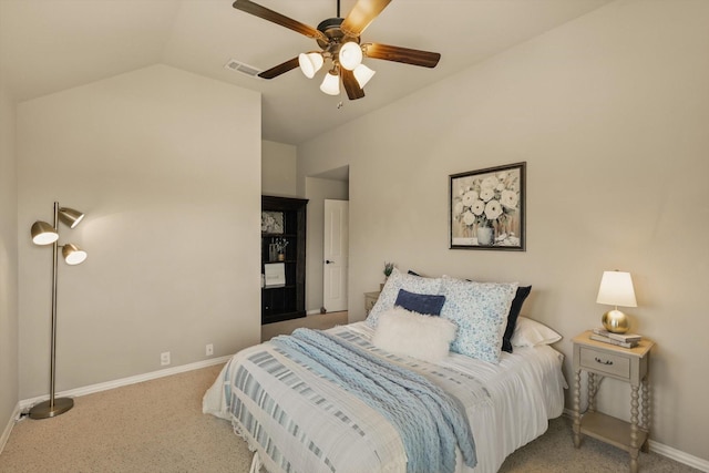bedroom featuring visible vents, baseboards, carpet, and vaulted ceiling
