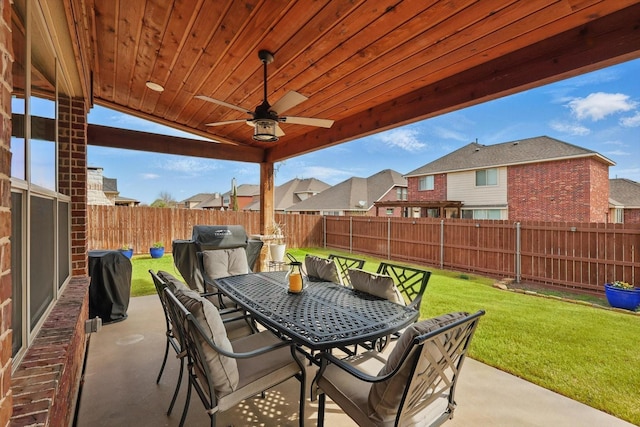 view of patio featuring ceiling fan, a residential view, outdoor dining area, a fenced backyard, and a grill