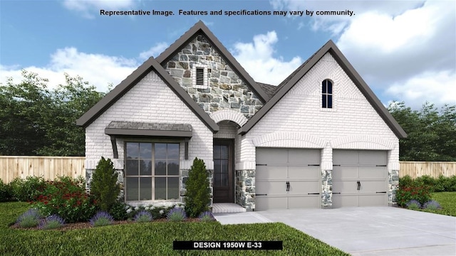 view of front facade featuring fence, stone siding, and driveway