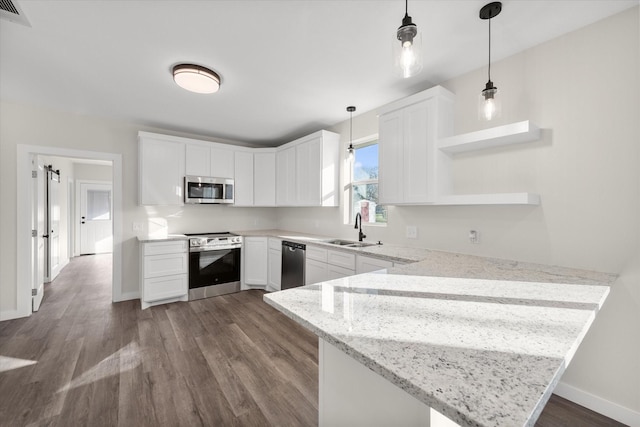 kitchen featuring open shelves, a sink, dark wood finished floors, stainless steel appliances, and a peninsula