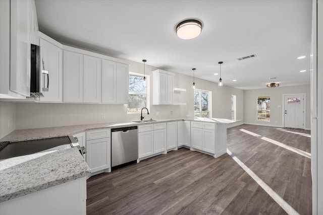 kitchen with open floor plan, appliances with stainless steel finishes, a peninsula, dark wood-style floors, and a sink