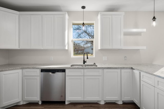 kitchen with a sink, dishwasher, pendant lighting, white cabinets, and open shelves