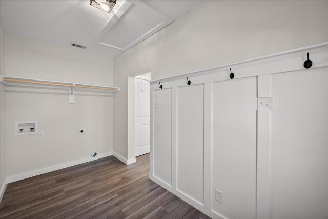 laundry area featuring visible vents, dark wood-type flooring, attic access, hookup for a washing machine, and electric dryer hookup