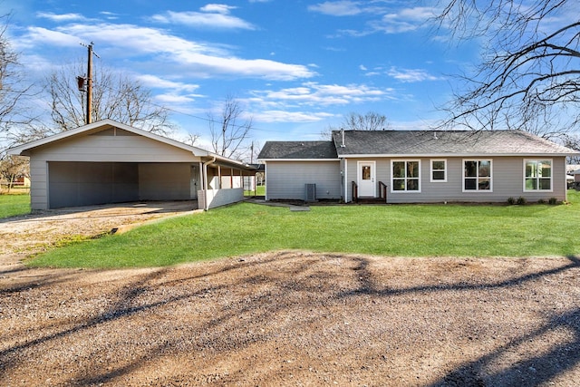 single story home featuring central air condition unit, driveway, roof with shingles, and a front lawn