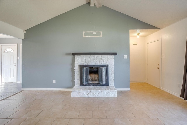 unfurnished living room with beam ceiling, a fireplace, baseboards, and high vaulted ceiling