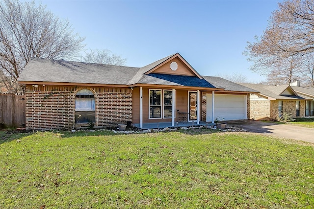 single story home with brick siding, fence, concrete driveway, a front yard, and an attached garage