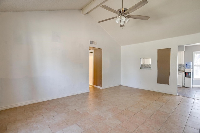 spare room with baseboards, visible vents, high vaulted ceiling, ceiling fan, and beamed ceiling