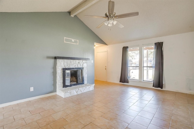 unfurnished living room with beam ceiling, a ceiling fan, light tile patterned flooring, a fireplace, and baseboards