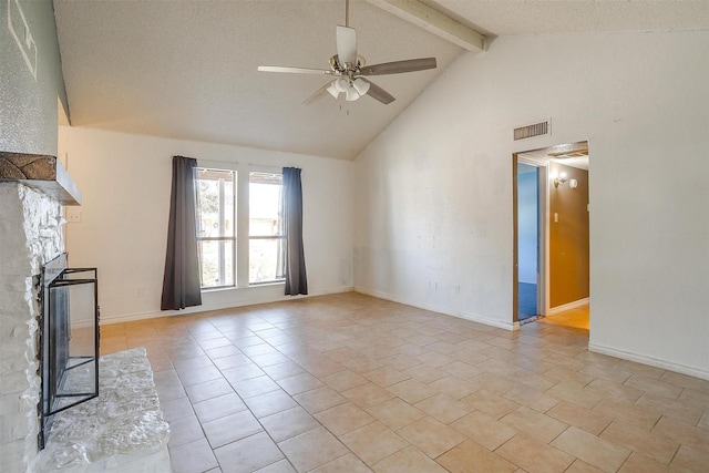 unfurnished living room featuring light tile patterned floors, a ceiling fan, visible vents, a fireplace, and beamed ceiling