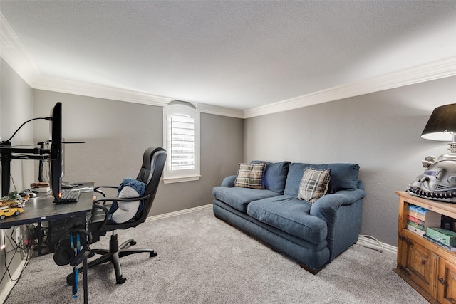 office with a textured ceiling, baseboards, carpet floors, and ornamental molding