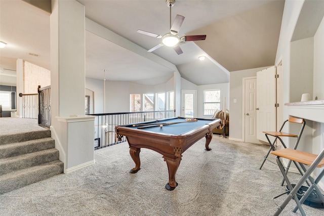 playroom with carpet, visible vents, baseboards, ceiling fan, and vaulted ceiling