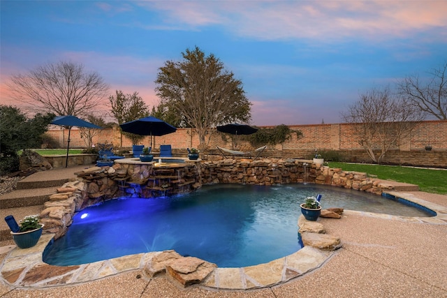 pool at dusk with a fenced in pool, a patio, and fence