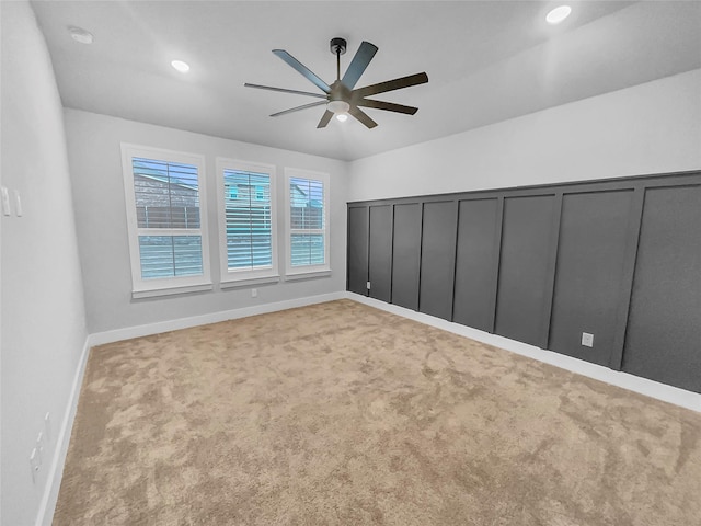 unfurnished bedroom featuring recessed lighting, baseboards, carpet floors, and ceiling fan