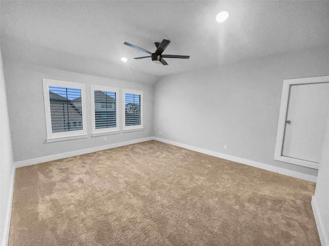 unfurnished room with recessed lighting, baseboards, carpet floors, and a ceiling fan