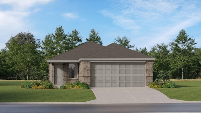 ranch-style house with a front lawn, an attached garage, brick siding, and concrete driveway