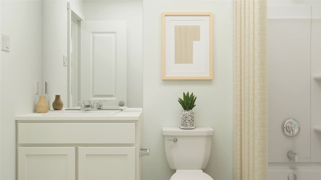 bathroom featuring shower / tub combo with curtain, toilet, and vanity