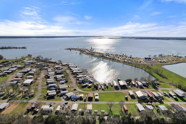 drone / aerial view featuring a water view