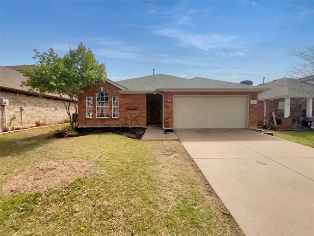 ranch-style home featuring a front lawn, brick siding, concrete driveway, and an attached garage