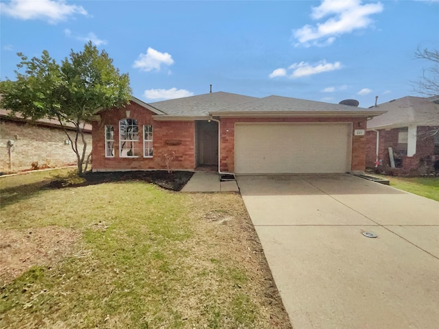 single story home with roof with shingles, an attached garage, concrete driveway, a front lawn, and brick siding