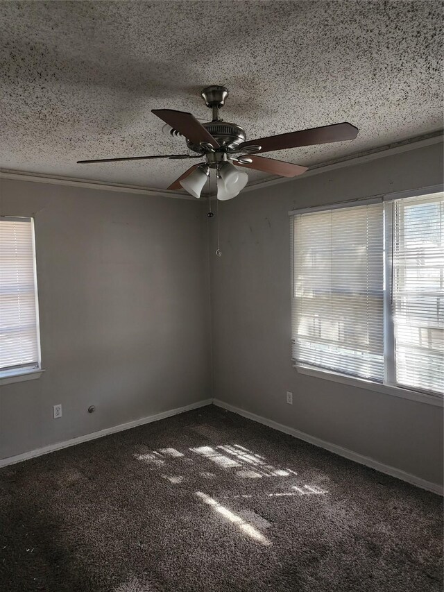 carpeted spare room with a textured ceiling, baseboards, a wealth of natural light, and ceiling fan