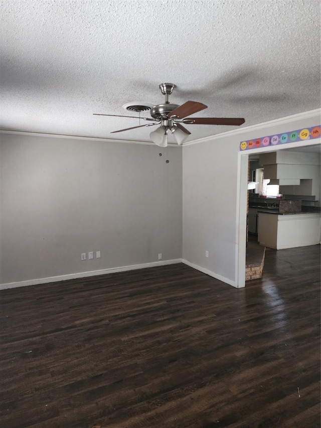 unfurnished room with dark wood finished floors, baseboards, a ceiling fan, and ornamental molding