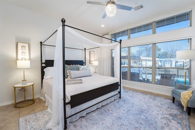 156 Palisade Dr, Gun Barrel City, TX 75156 - tiled bedroom with recessed lighting, visible vents, baseboards, and a ceiling fan