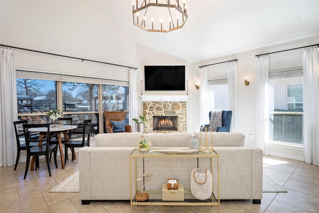 156 Palisade Dr, Gun Barrel City, TX 75156 - living room featuring light tile patterned floors, a notable chandelier, a fireplace, and vaulted ceiling
