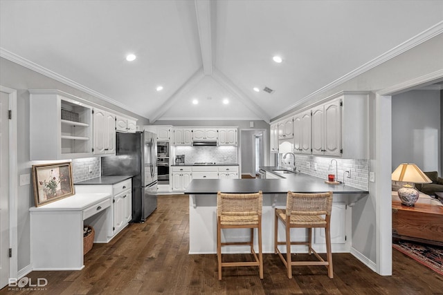 kitchen featuring vaulted ceiling with beams, a peninsula, dark wood-style floors, stainless steel appliances, and open shelves