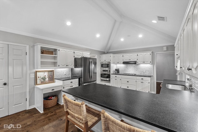 kitchen with open shelves, lofted ceiling with beams, dark countertops, appliances with stainless steel finishes, and a peninsula