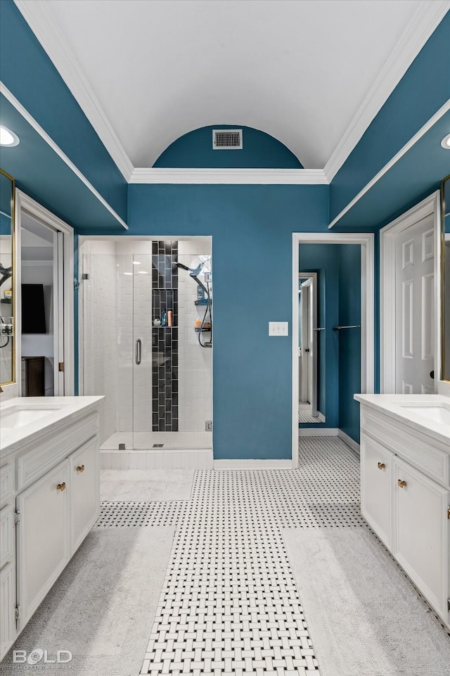 full bathroom featuring visible vents, a stall shower, vanity, and lofted ceiling